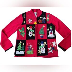 Tiara International Christmas Patchwork Embroidered Holiday Zip Up Knit Sweater